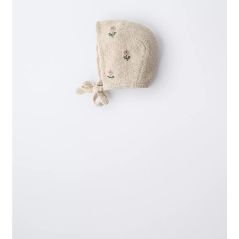 Zara Cream Baby Bonnet with Pink Flower Embroidery